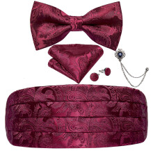(YF-3008-XZ-0011) Men's Cummerbunds Silk Paisley Red Tuxedo Cummerbunds Bow Tie Pocket Square Brooch Set Men Wedding Party Waistband