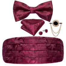 (YF-3008-XZ-0009) Men's Cummerbunds Silk Paisley Red Tuxedo Cummerbunds Bow Tie Pocket Square Brooch Set Men Wedding Party Waistband