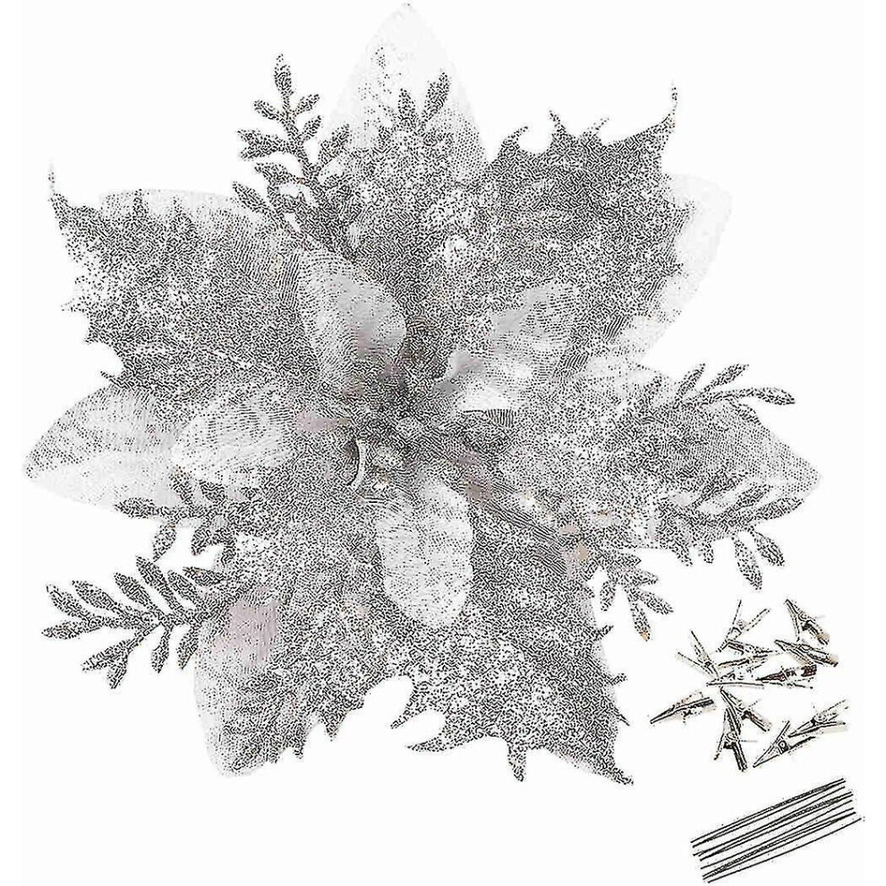 Greentime 12 Pcs 14cm Silver Poinsettia Artificial Flowers With Clips And Stems Glitter Christmas Tr