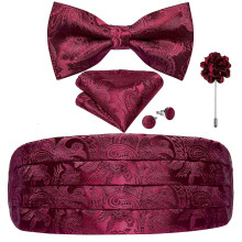 (YF-3008-XH0122) Men's Cummerbunds Silk Paisley Red Tuxedo Cummerbunds Bow Tie Pocket Square Brooch Set Men Wedding Party Waistband