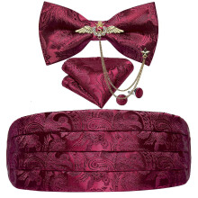 (YF-3008-0017) Men's Cummerbunds Silk Paisley Red Tuxedo Cummerbunds Bow Tie Pocket Square Brooch Set Men Wedding Party Waistband