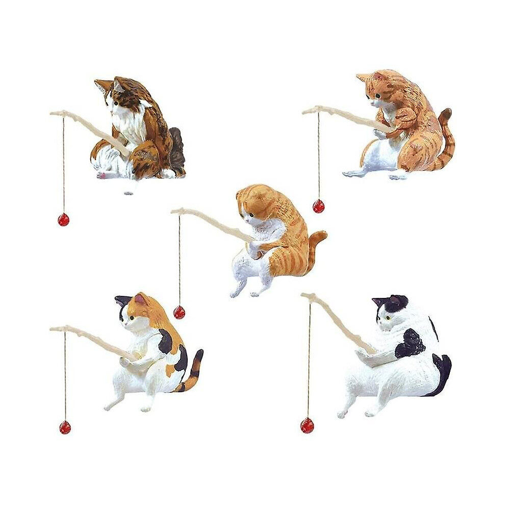 5pcs-set Mini Cute Resin Cat Fishing  Figurine Cute Cat Statue Decoration Craft Animal Model Cat Fishing Toy Aquarium Home Decoration