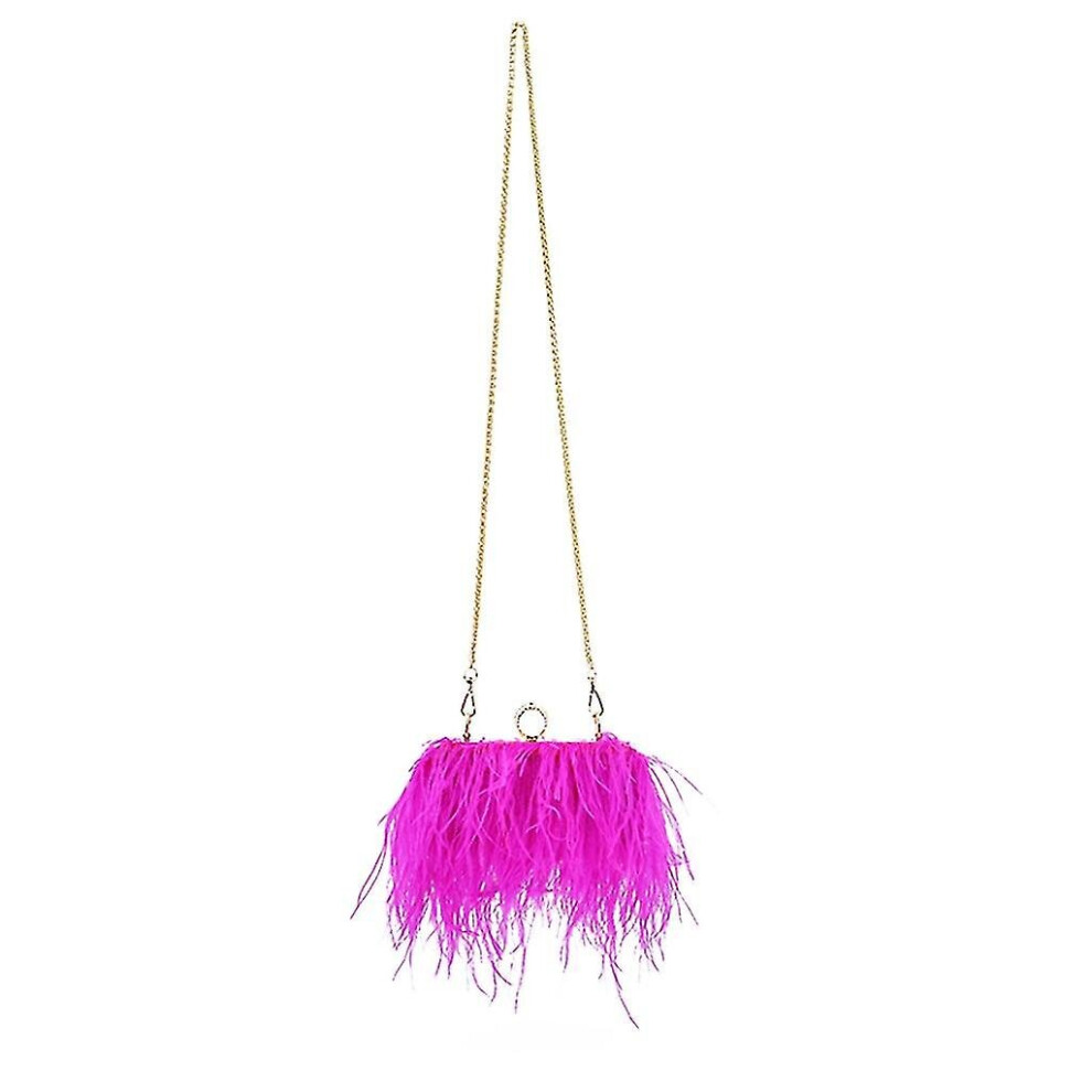 (Hot Pink) Women's Evening Clutch Bag Ostrich Feather Chain Shoulder Bag Wedding Purse Gift