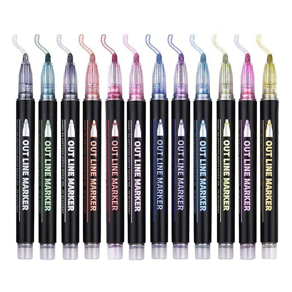 Double Line Outline Pens 12 Colors Outline Metallic Markers Glitter Outline Pens Writing Drawing Pe White/Silver