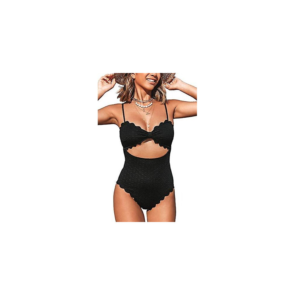 Women's One Piece Swimsuit Sexy Black Cutout Scallop Trim Bathing Suit
