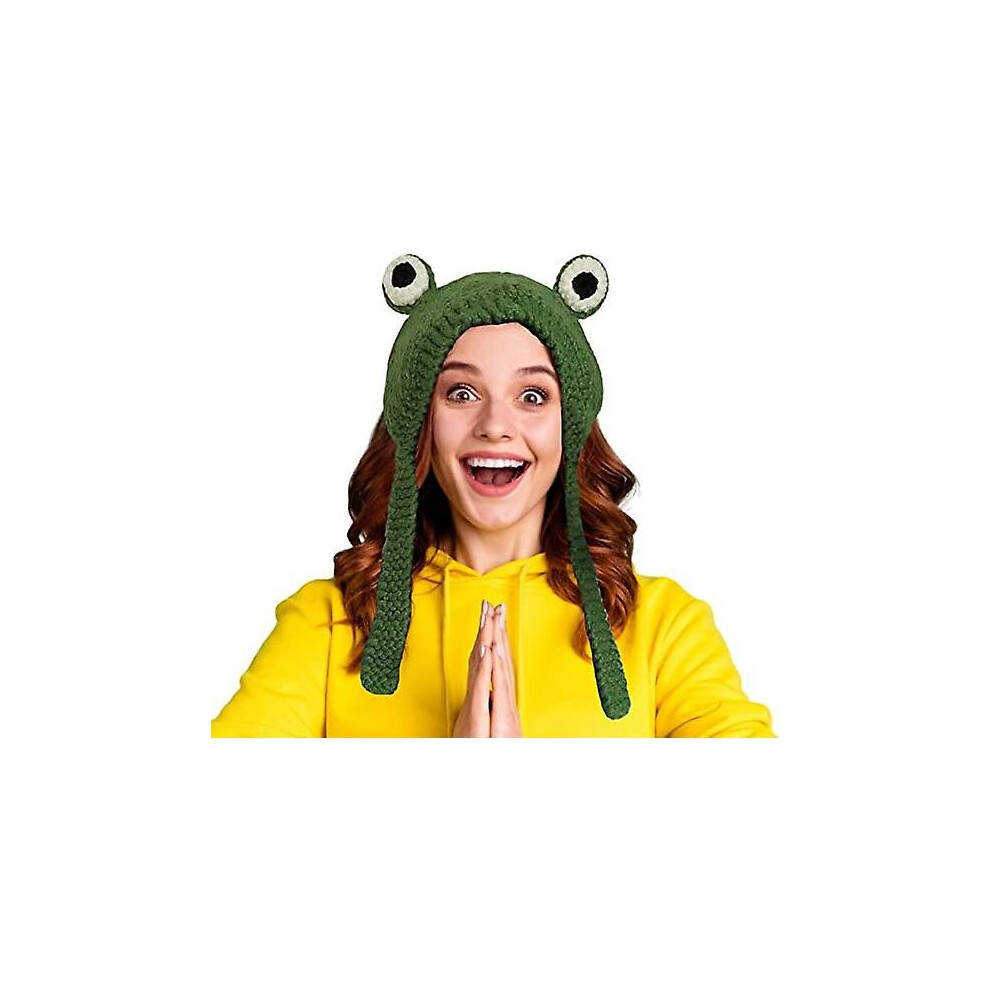Cute Frog Hat Adult Funny Knitted Frog Hat Girls Crochet Green Big-eyed Frog Beanie Frog Earmuffs He