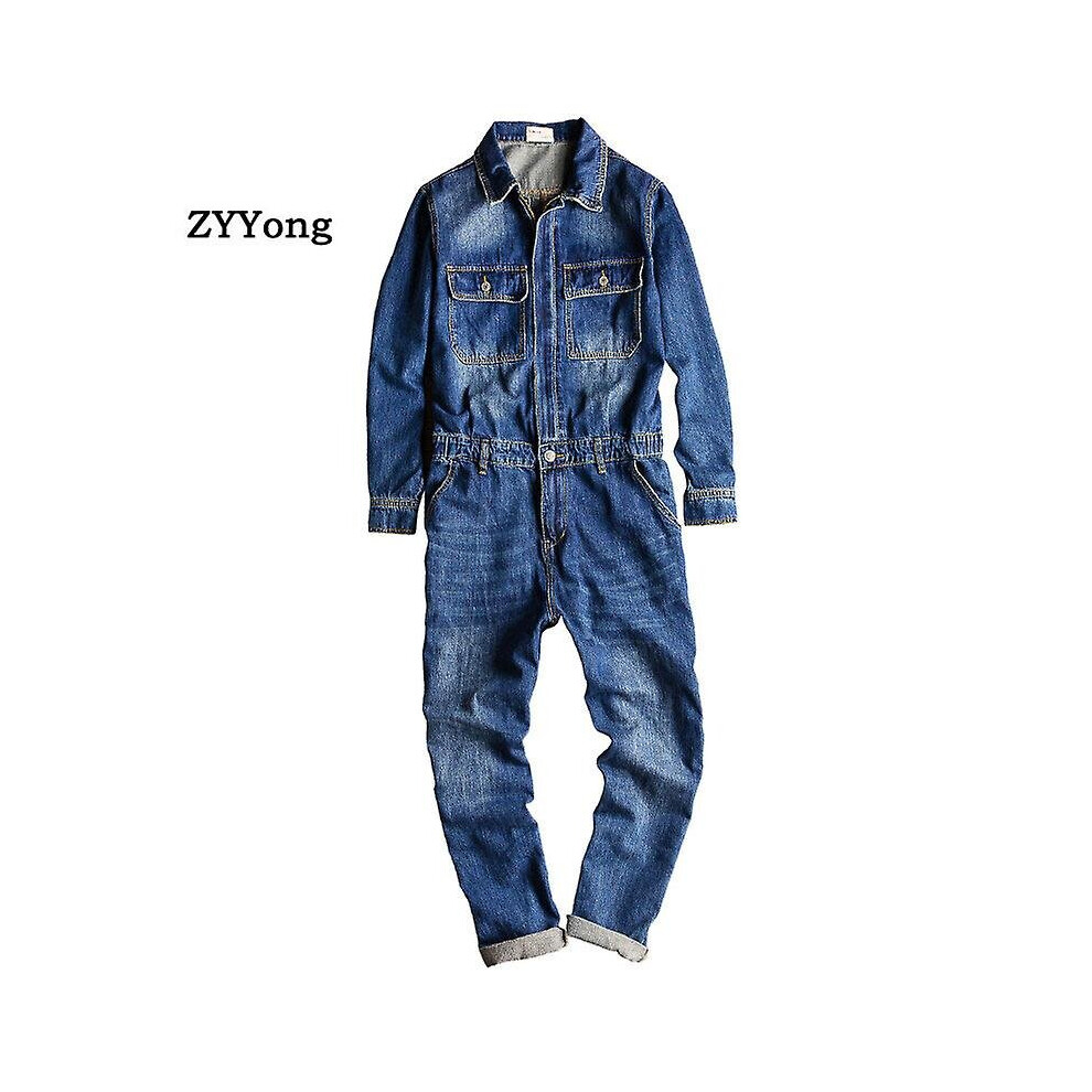 Men's Denim Jumpsuits Long Sleeve Lapel Overalls Jeans Blue Hip H