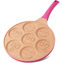 Pancake Pancake Pan with Smileys - 7 Holes Nonstick Aluminum - 26.5cm Induction or Gas Crepe Pan - Mini Egg Frying Pan for Kids - Pink
