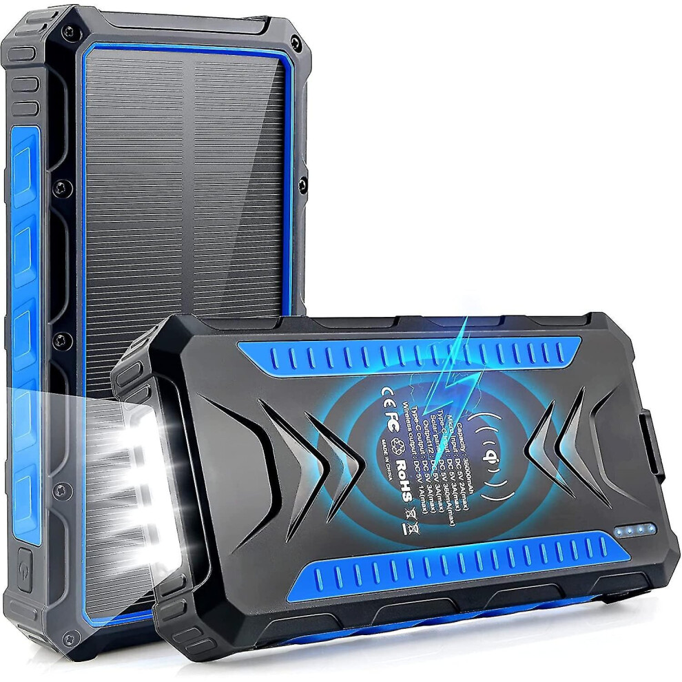 Solar Power Bank 36000mah, Qi Wireless Solar Charger 2 Usb Ports And 1 Type-c Fast Charging, Ip66 Waterproof Emergency Power Supply, Mobile Phone Char