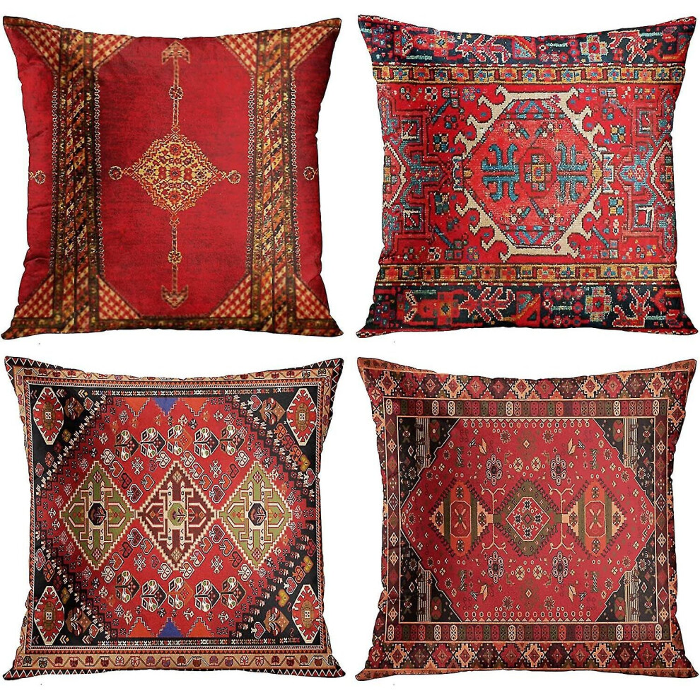 Dww-4 Piece Set Vintage Red Floral Turkish Persian Rug Linen Cushion Cover Home Cushion Cushion Pillow Cover Geometric Persian Kilim Home Decor 4 Piec