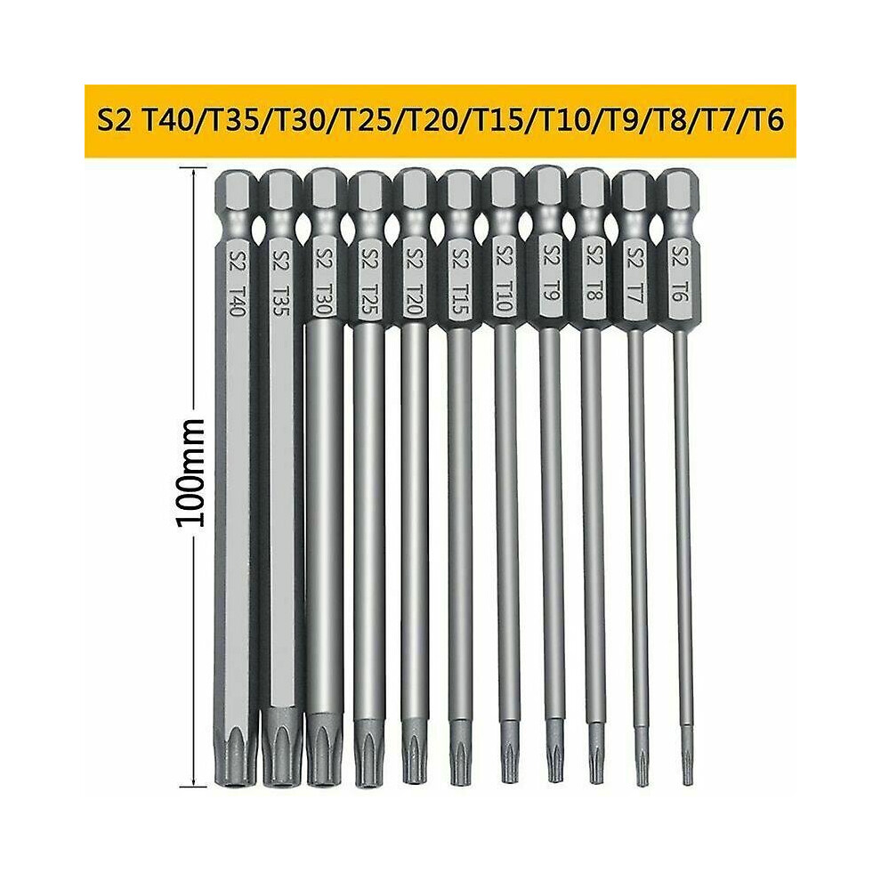11Pcs 100Mm S2 1/4 Inch Torx Screwdriver Hex Bits Precision Drill Magnetic Safety Screwdriver T6-T40 Cisea Long Head Torx Screwdriver 9468842179673