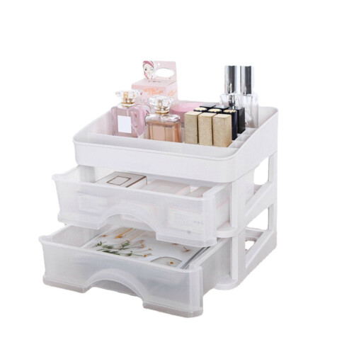(2 Layers) Plastic Cosmetic Drawer Makeup Organizer Storage Box Container Holder Desktop with Drawer 1
