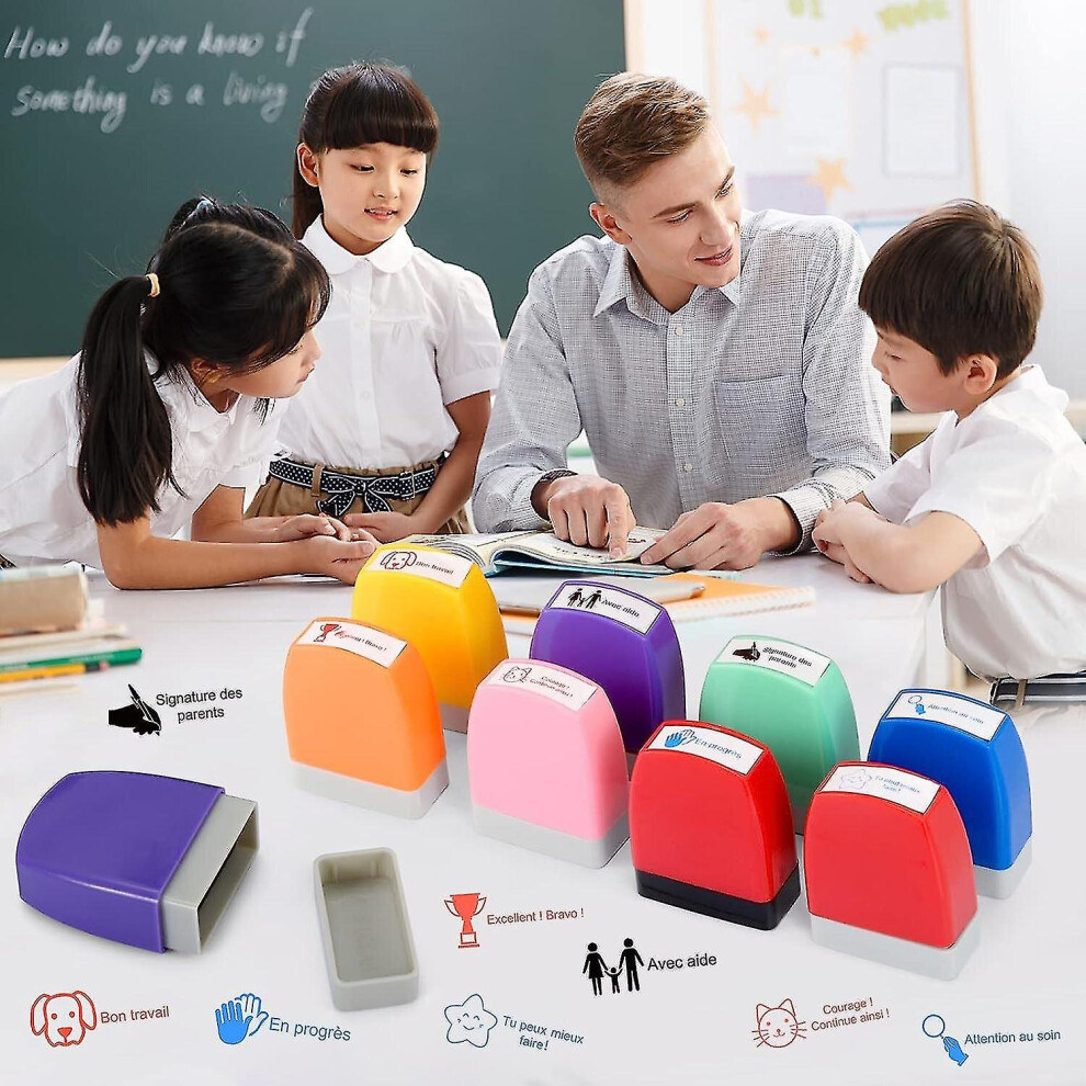 8pcs French Teacher Stamps Self Inking Stamp Kit Teacher Ink Pads For Teacher Gift School Stamp With Box For Encourage Students