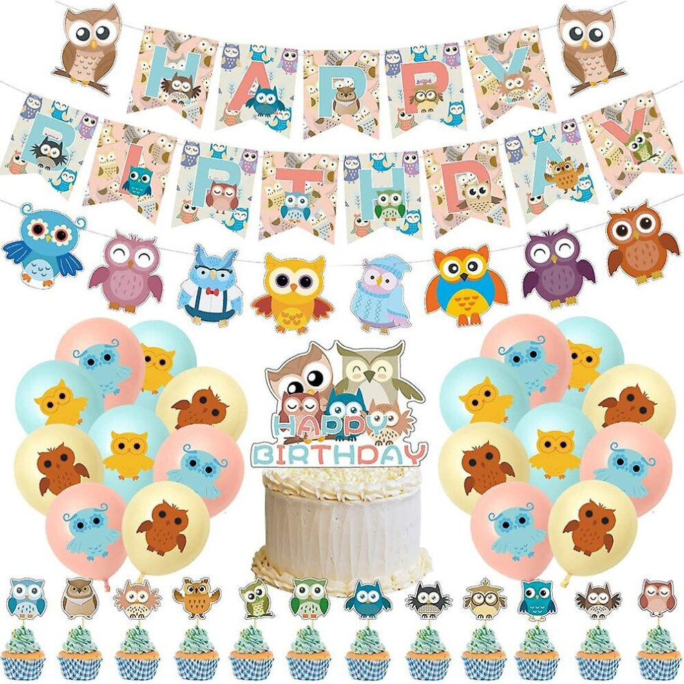 Owl Theme Birthday Party Decoration Banner Balloon Cake Toppers Set