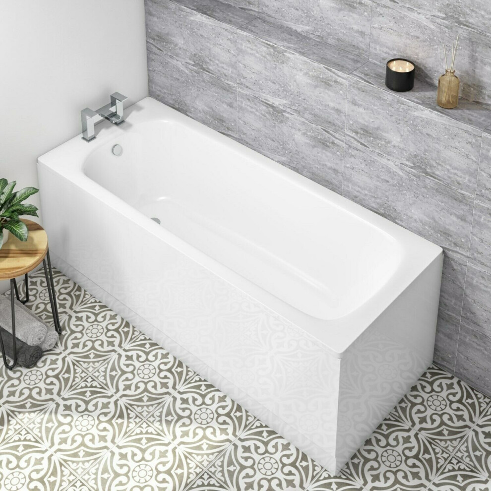 Nes Home 1600mm x 700mm Standard Round Single Ended Bath With Legs, Bath Screen White