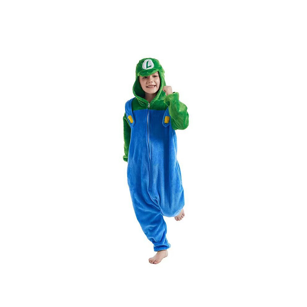(Mario Green, 120cm/47.24in) Pajamas Thicken Hooded Kids Boys Onesie All In One Pjs Mario Winter Goku