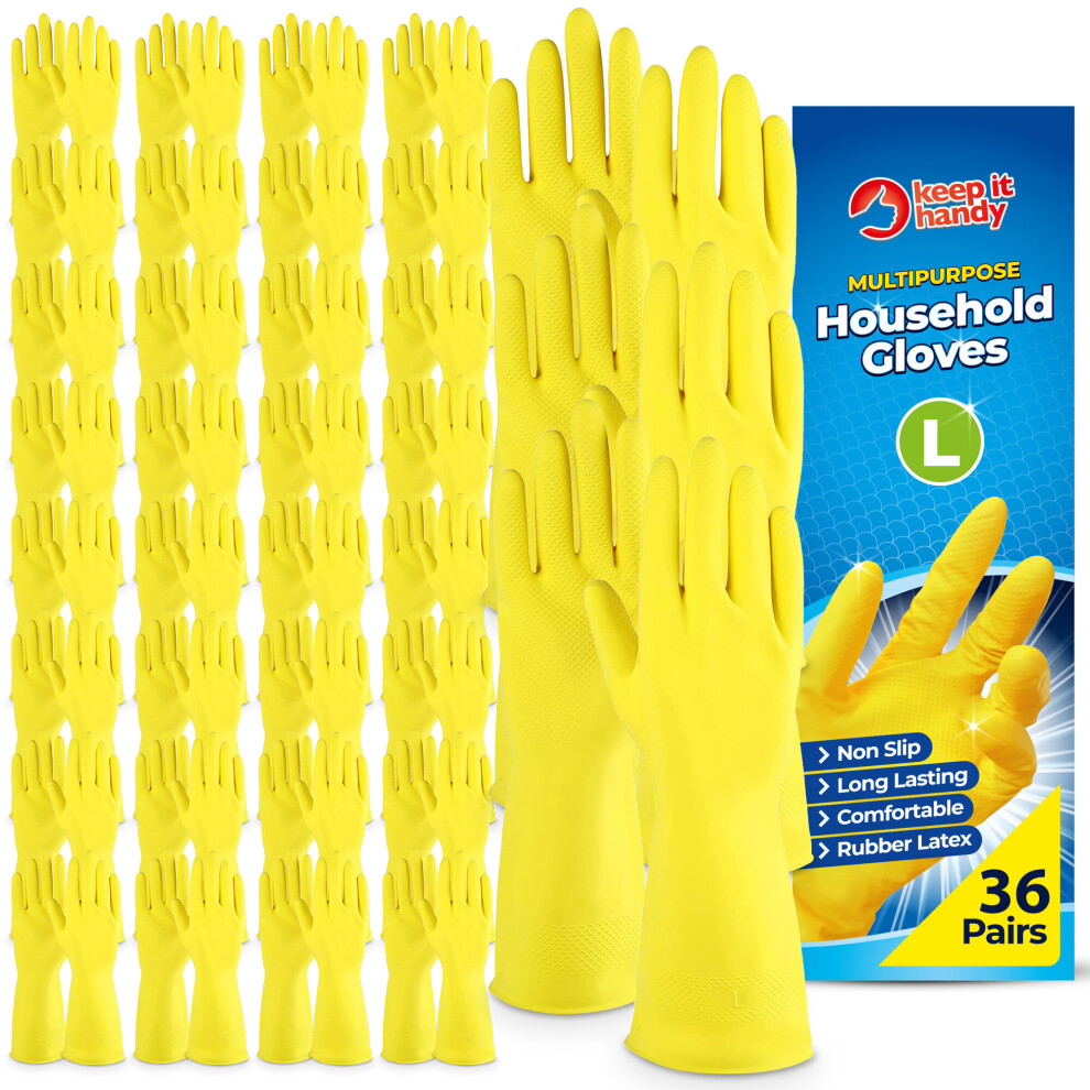 36 Pairs Bulk Household Rubber Gloves Large | Yellow Large Gloves