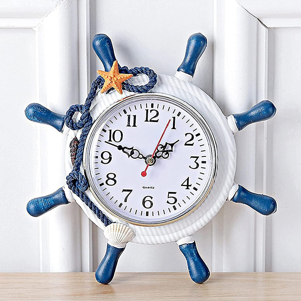 Outdoor Indoor Wall Clock, Wooden Mediterranean Style Wheel Rudder Clock Ocean Theme Beach Clock Nautical Boat Decorative Clock (Blue) Szkyd A Blue