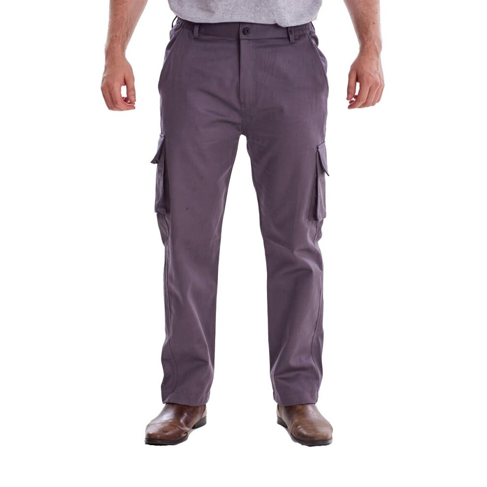 (Grey, 5XL) Mens Cargo Straight Trousers 100% Cotton Twill Elasticated Zip Fly Work Pants 5056456329917