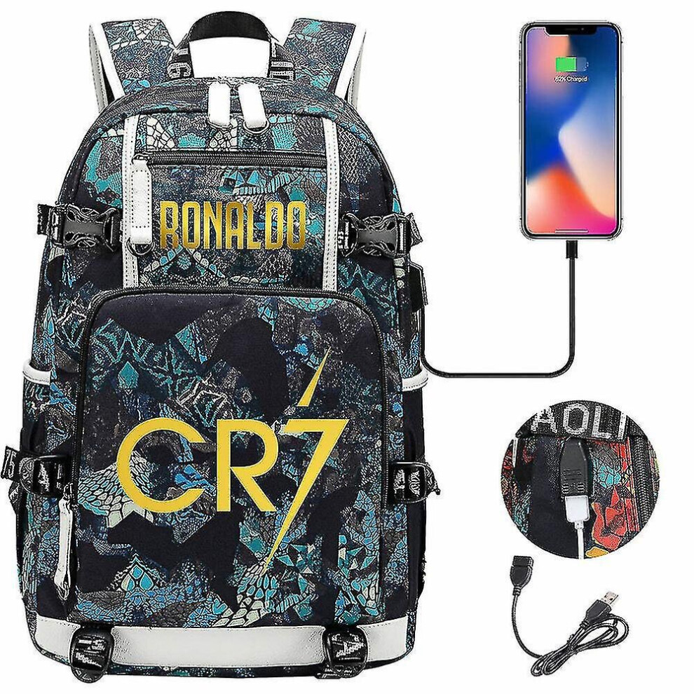 Soccer Star Ronaldo Printed Usb Youth Student Schoolbag - Men And Women Leisure Travel Backpack