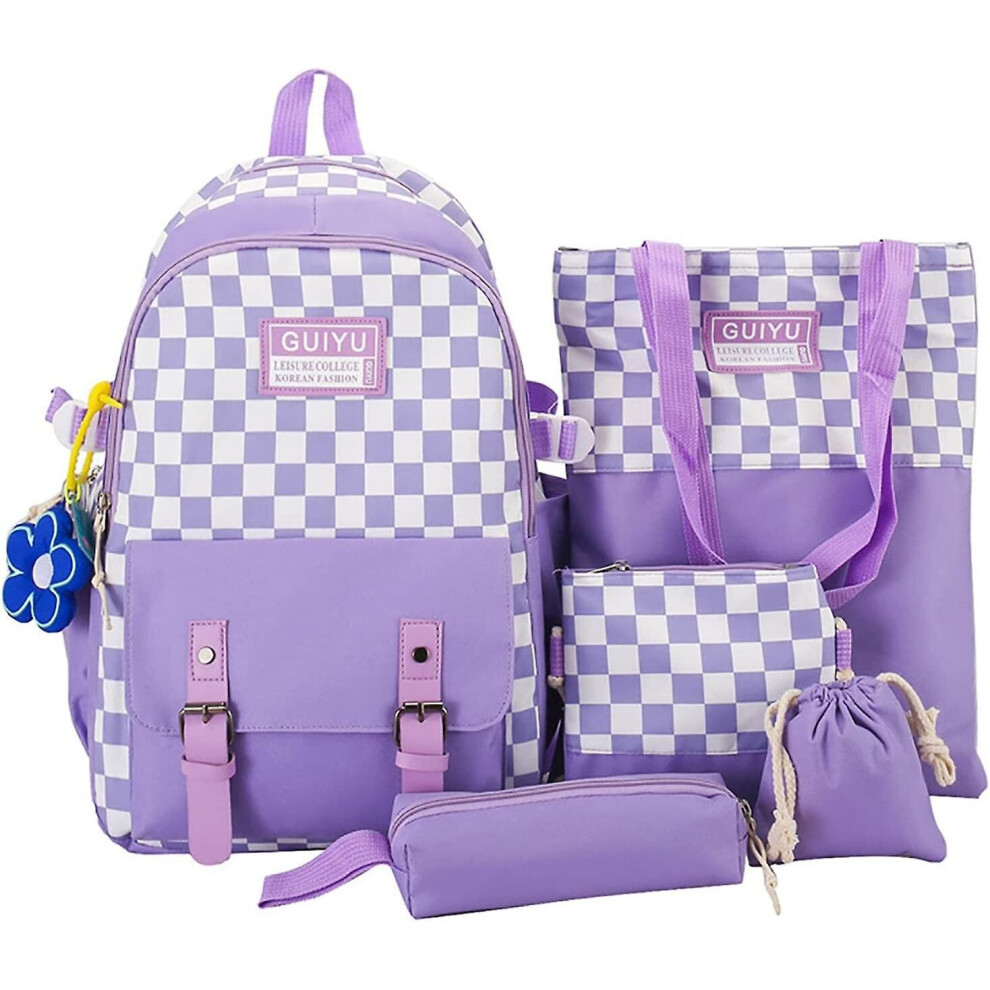 School Bags Set,5pcs School Bags Set Kawaii Backpacks,plaided Kawaii Backpacks Kit,aesthetic School Bags With Pendant Lunch Bag, Pencil Case, Handbag