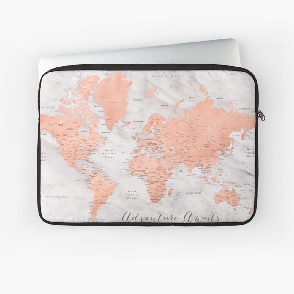 Laptop Sleeve Adventure Awaits World Map In Rose And Marble, "Janine" 10 12 13 15 17 Inch Case Notebook Tablet Carrying Bag Cover Gold 7802738510669