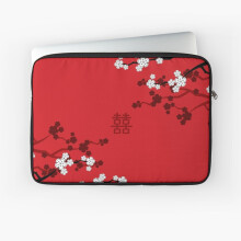 BearLad Laptop Sleeve 10, 12, 13, 15, 17 Inch - Water-Resistant Neoprene Case with White Cherry Blossoms on Red and Chinese Wedding Pattern