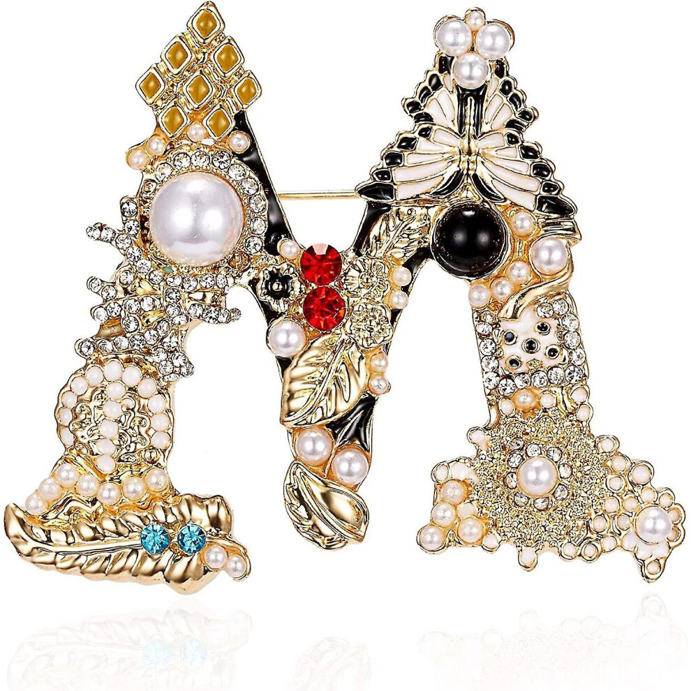 Initial Brooch Pins A-Z 26 Letters Brooches For Women Girls Colorful Enamel Alphabet Pin Pearl Crystal Lapel Pin White