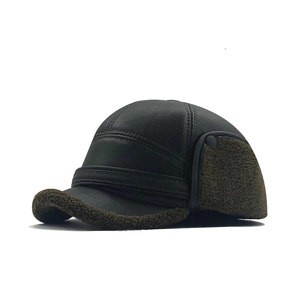 Mens Winter Leather Cap Warm Patchwork Dad Hat Baseball Caps With Ear Flaps Russia Adjustable Snapback Hats For Men Casquette