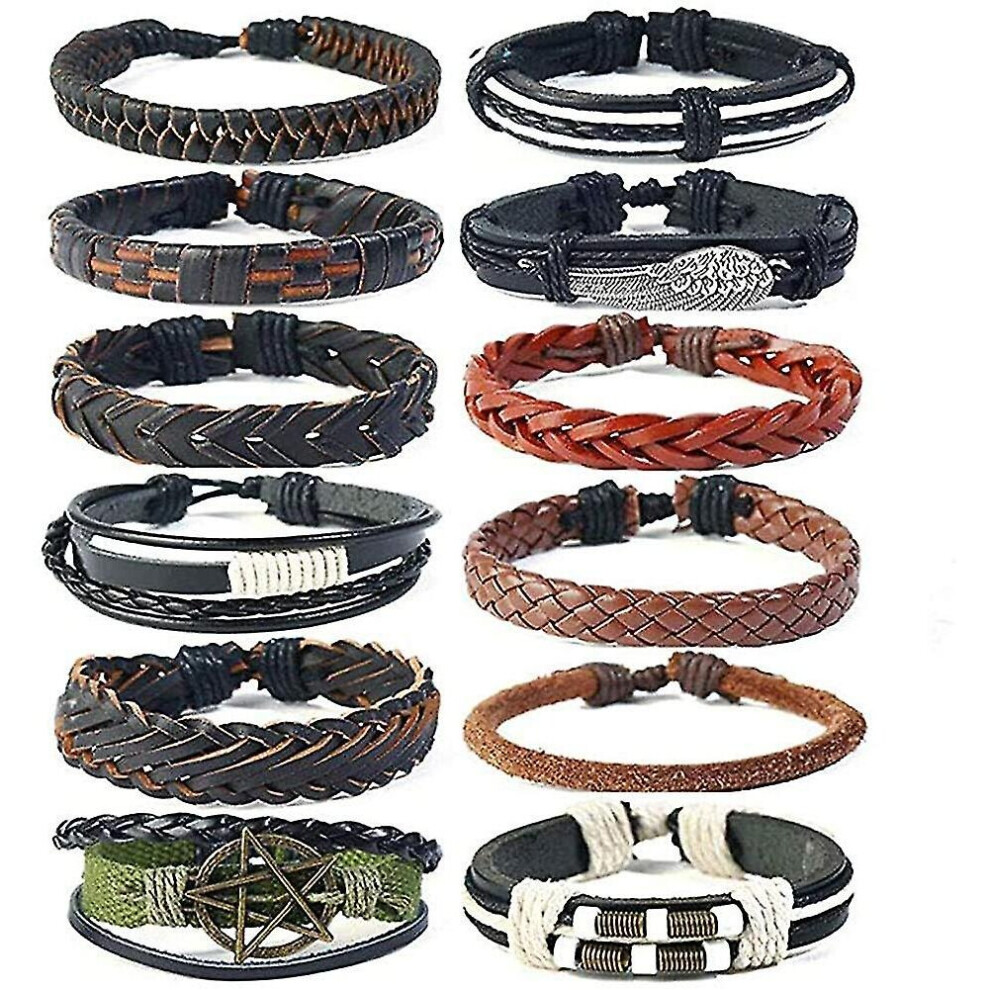 12pcs Mens Bracelets Braided Leather Wristband Punk Rope Bracelet Cuff Vintage Bracelets Wrap Set Adjustable Trendy