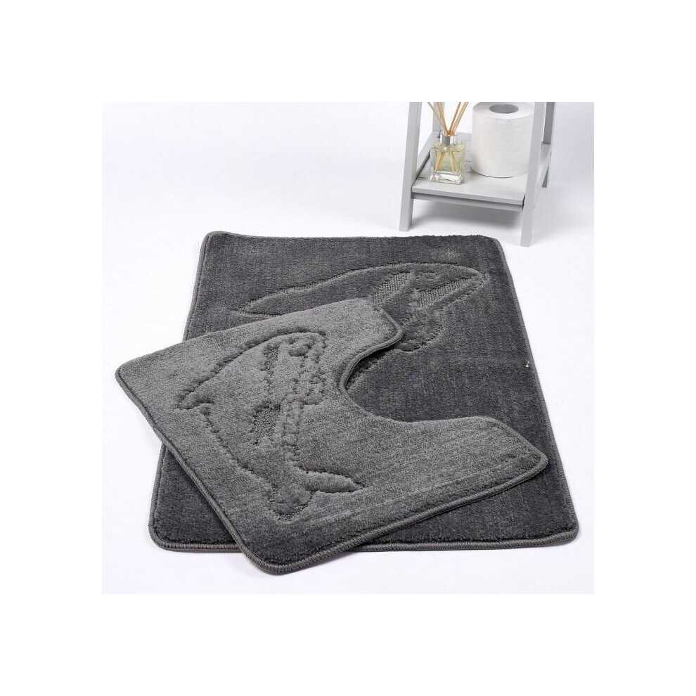 (Grey) Dolphin Bath Mat 2 Piece Set Non-Slip Pedestal and Bath Mat Toilet Bathroom Rug