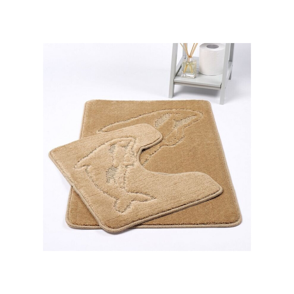 (Beige) Dolphin Bath Mat 2 Piece Set Non-Slip Pedestal and Bath Mat Toilet Bathroom Rug