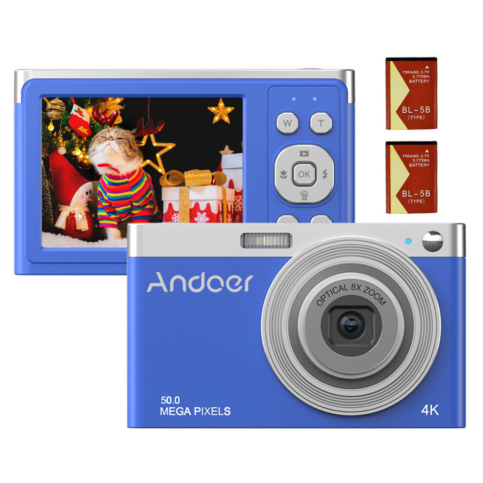(Blue) 4K Digital Camera Video Camcorder 48Mp 2.4 Inch Ips Screen Auto Focus 16X Digital Zoom Anti-Shake Face Detect Smile Capture Built-In Flash & Ba Blue 777723024216