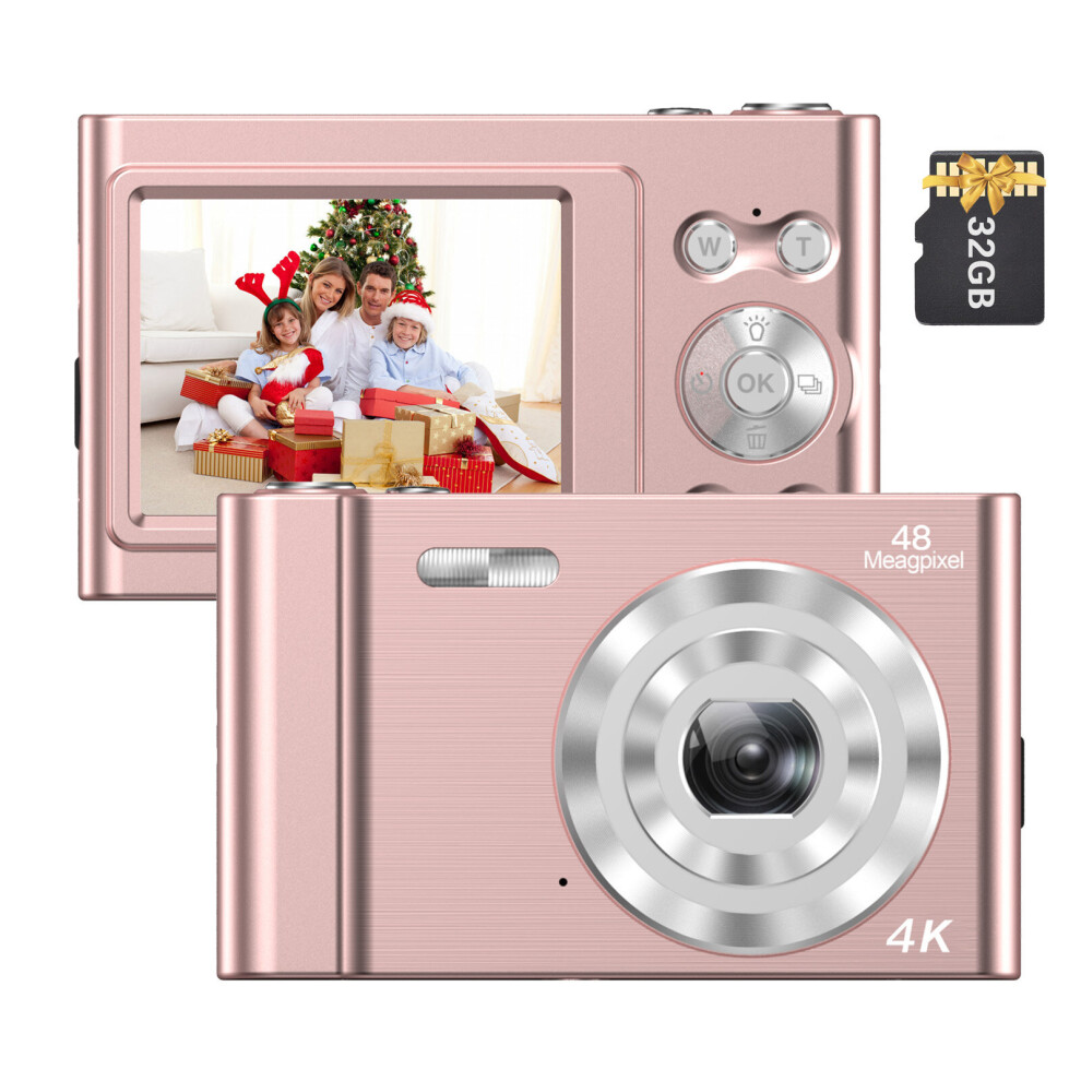 (Pink) 4K Digital Camera Video Camcorder 48MP 2.4 Inch IPS Screen Auto Focus 16X Digital Zoom Anti-shake Face Detect Smile Capture Built-in Flash & Ba