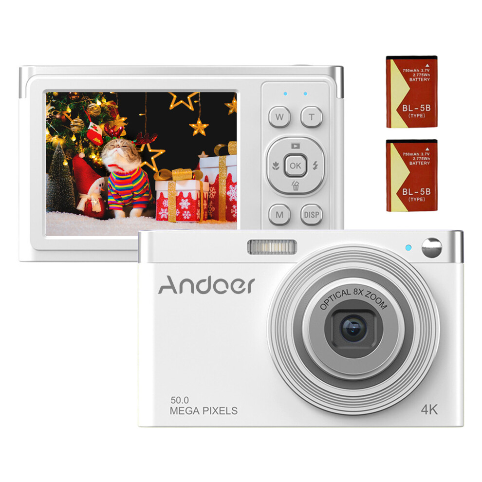 (White) 4K Digital Camera Video Camcorder 48Mp 2.4 Inch Ips Screen Auto Focus 16X Digital Zoom Anti-Shake Face Detect Smile Capture Built-In Flash & B White 777723024230