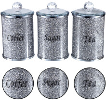Crystal Diamante Tea, Coffee & Sugar Jar Set - Crystal-Crushed Glass Canisters with Airtight Lids