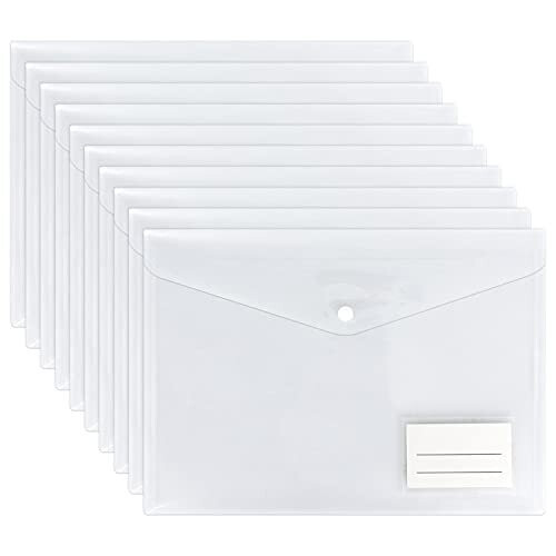 Clear Plastic Wallets - 10 Pack A4 Plastic Folders Document Files Envelope - Plastic Popper Wallets with Label Pocket and Snap Button for School