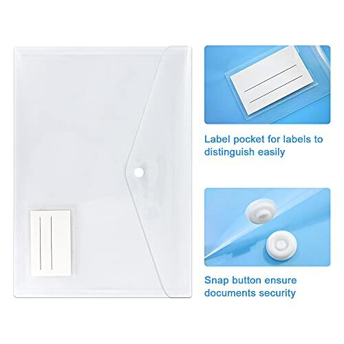 Clear Plastic Wallets - 10 Pack A4 Plastic Folders Document Files Envelope - Plastic Popper Wallets with Label Pocket and Snap Button for School 2