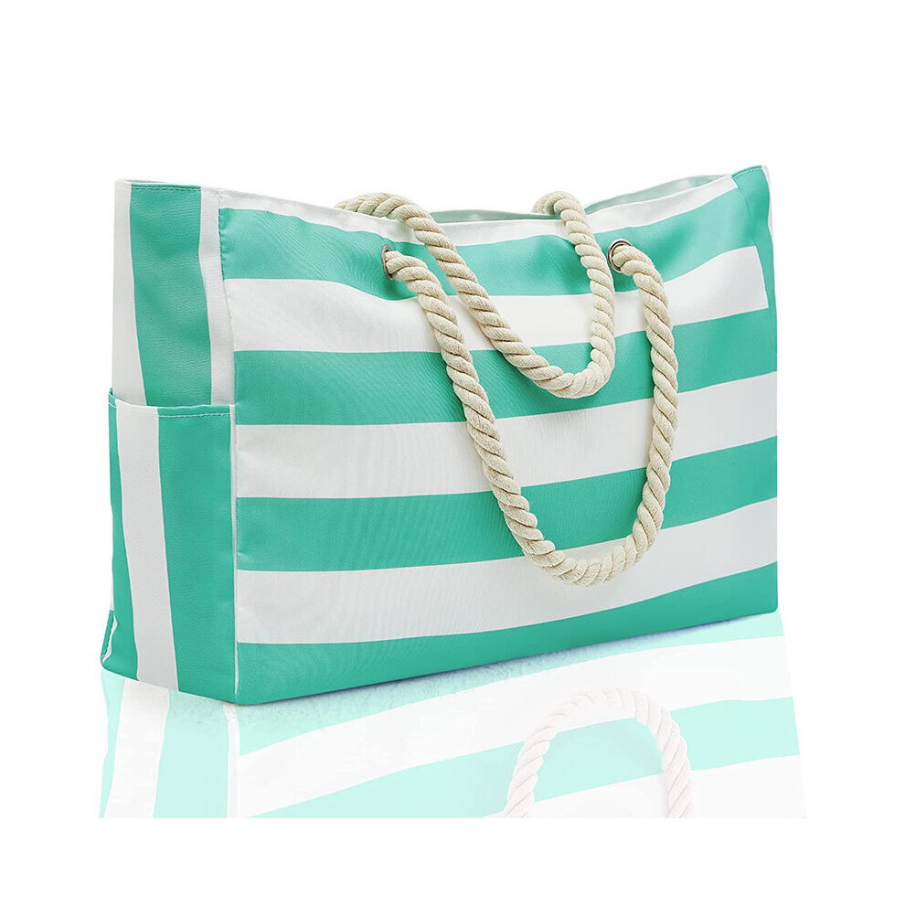 (Green) Large Capacity Striped Beach Bag Waterproof Tote Bag
