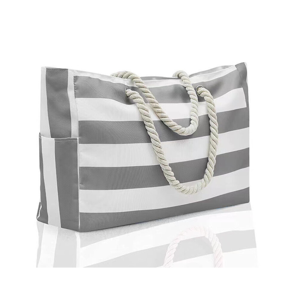 (Grey) Large Capacity Striped Beach Bag Waterproof Tote Bag