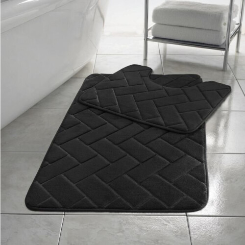 (Black, 1) Blocks Non- Slip Memory Foam Bath Mat/ Toilet Mat Set