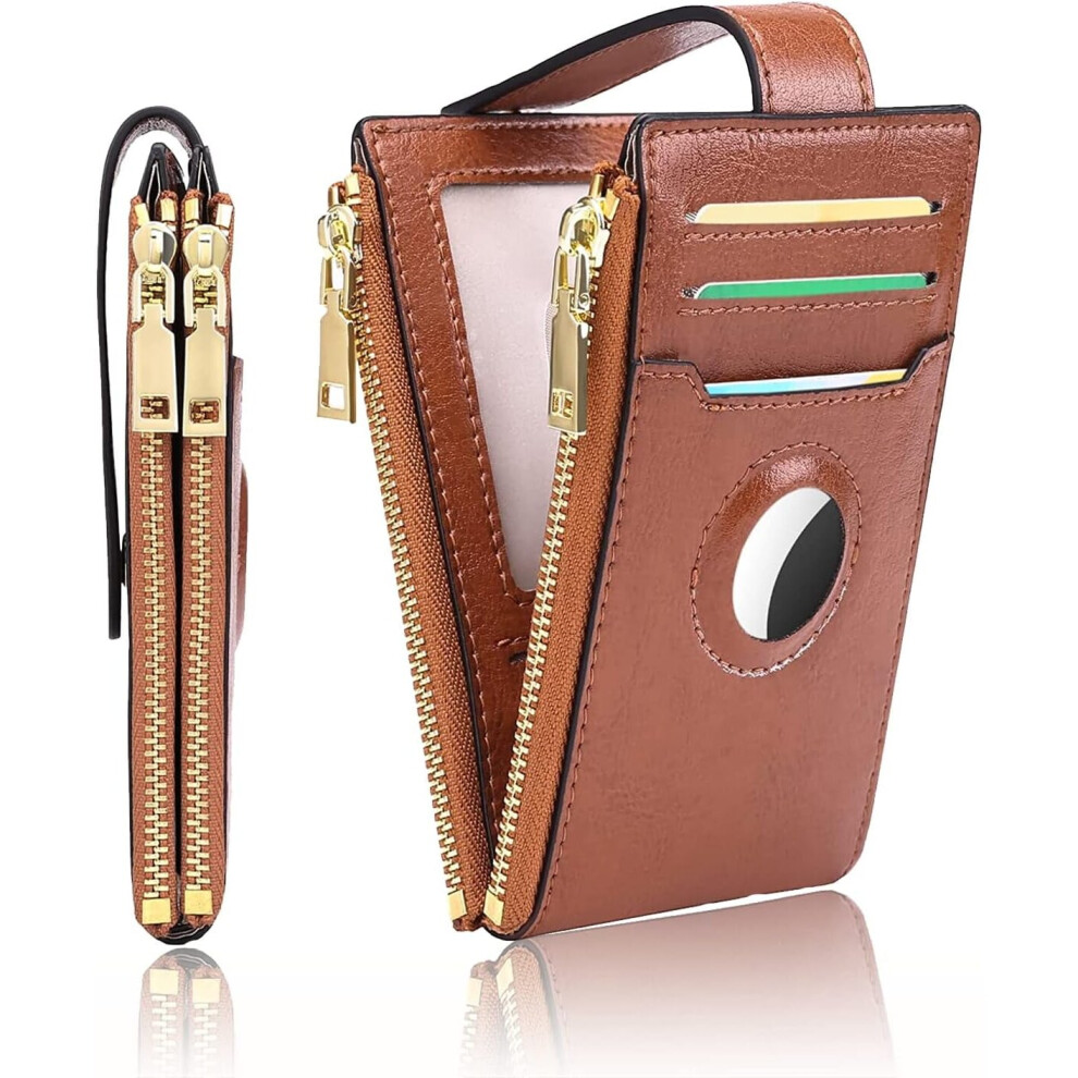 (Rich Brown) Women's AirTag Compatible Wallet Genuine Leather Bifold Ultra Slim Credit Card Holder