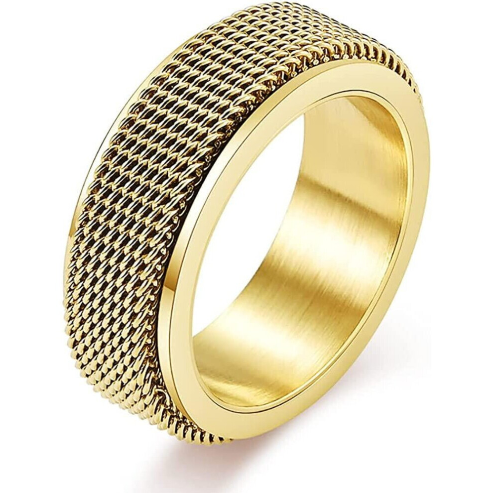 (Gold, 12) Anxiety Ring for Men Chain Woven Mesh Rings Cool Titanium Stainless Steel Spinner Ring 8MM