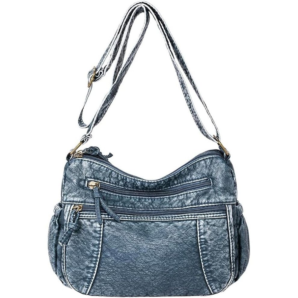 (Blue) Leather Hobo Bag Women Retro Denim Bag Large Crossbody Shoulder Bag Casual Handbag Purse