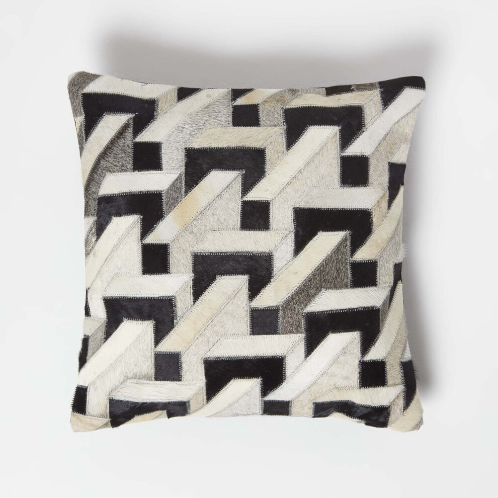 Homescapes Geometric Block Brown & Cream Leather Cushion 45 X 45 Cm