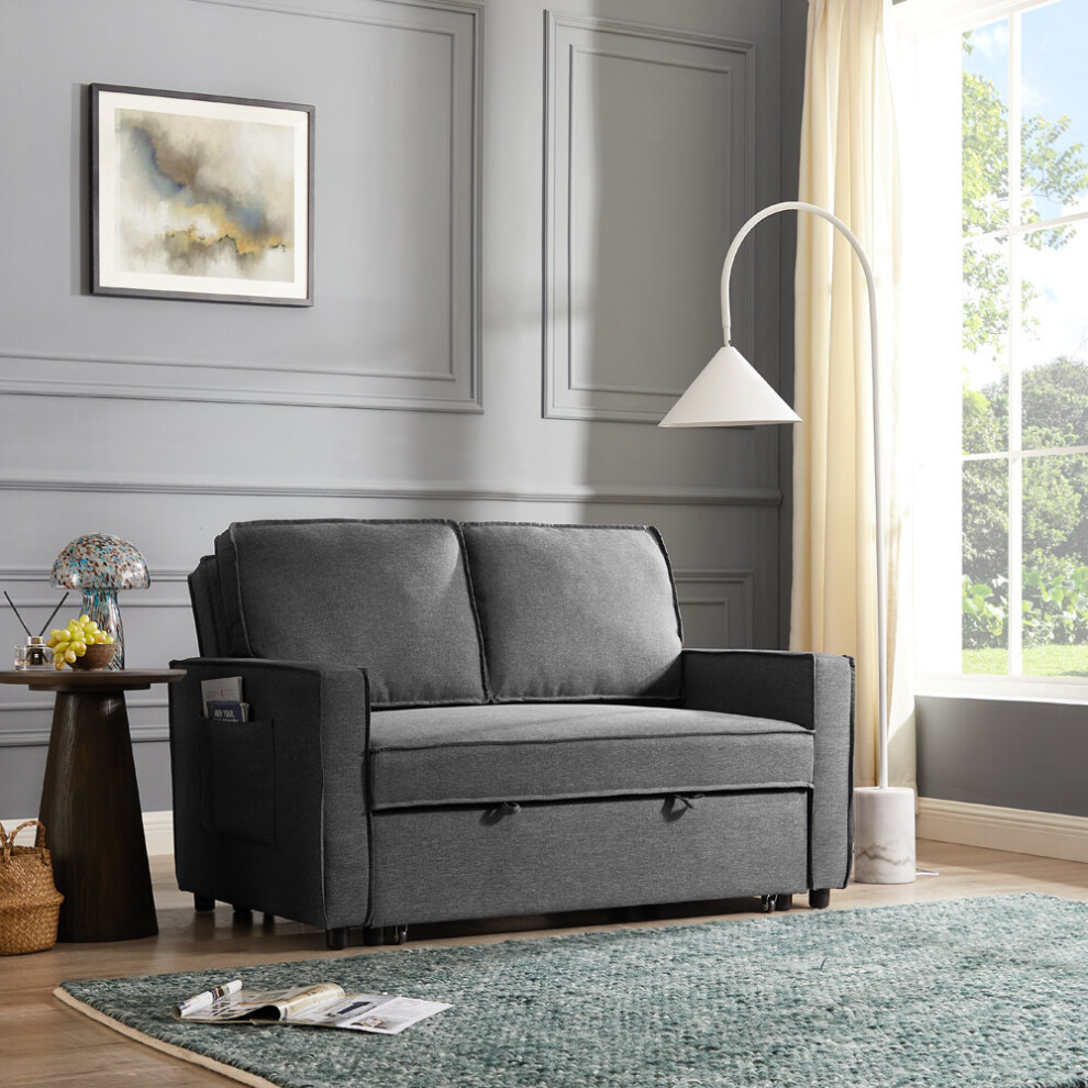 Hugo 2 Seater Sofa Bed Pull Out Linen Fabric, Dark Grey