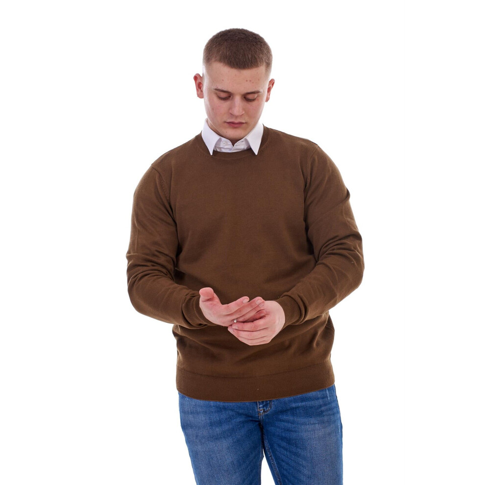 (Brown, L) Mens Plain Jumper Ex-Chain Store Crew Neck Long Sleeve Knitted Pullover Sweater