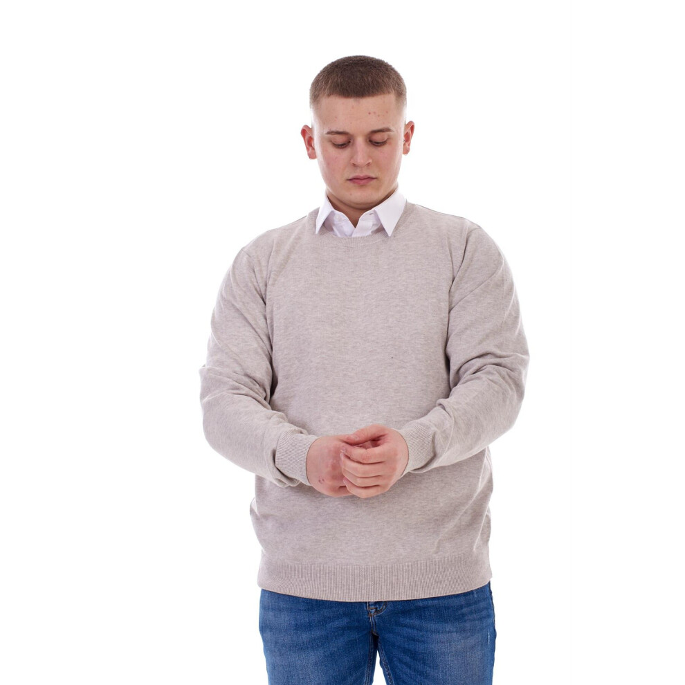 (Ecru, L) Mens Plain Jumper Ex-Chain Store Crew Neck Long Sleeve Knitted Pullover Sweater