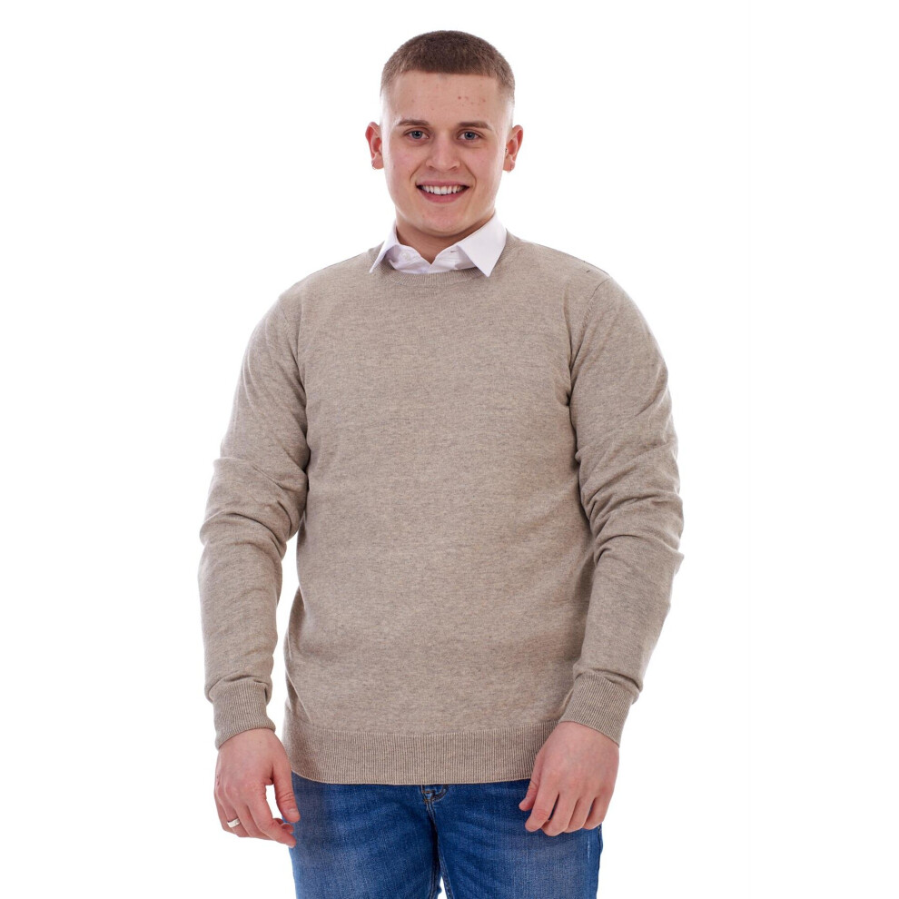 (Sand, L) Mens Plain Jumper Ex-Chain Store Crew Neck Long Sleeve Knitted Pullover Sweater 