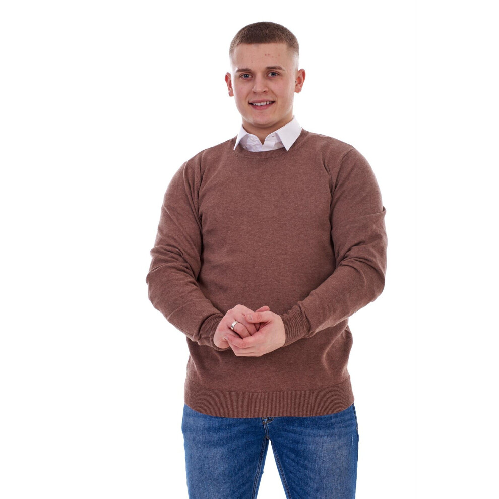 (Pink, M) Mens Plain Jumper Ex-Chain Store Crew Neck Long Sleeve Knitted Pullover Sweater 